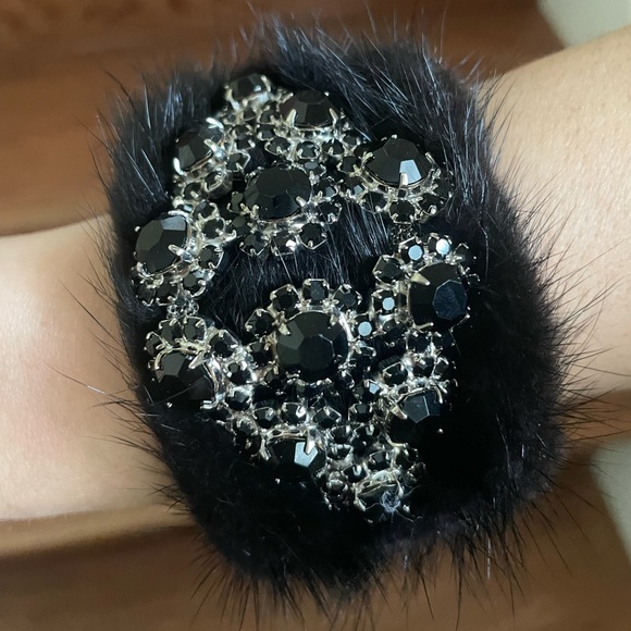 Black Fur Bangle Gem Stone Crystals Adjustable - Picture 1 of 5